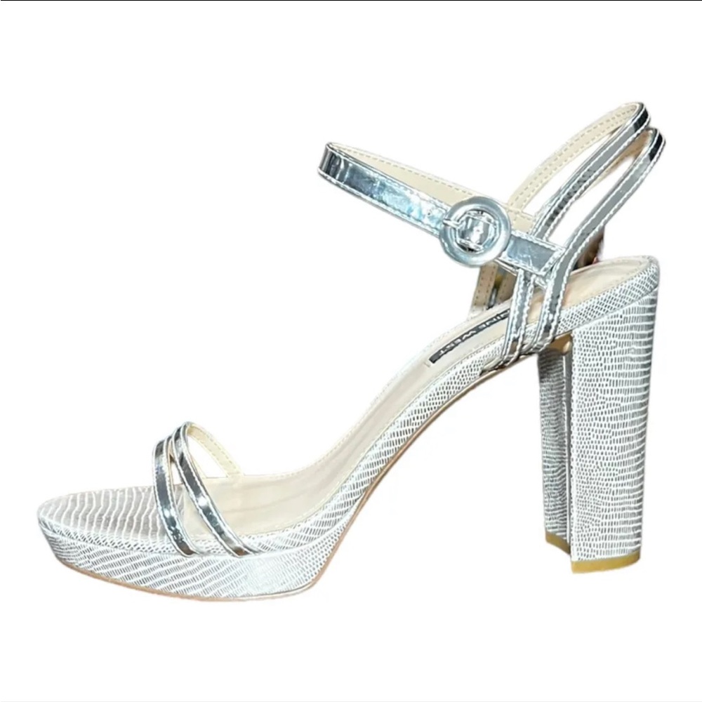 Nine West Women’s Daisy “Daisy3” Silver Metallic Sandals Ankle Strap Hee…